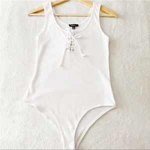 White Ribbed Lace Up Neck Bodysuit